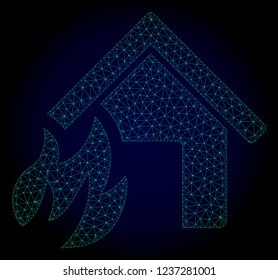 Mesh house fire disaster polygonal illustration. Abstract mesh lines, triangles and points on dark background with house fire disaster.
