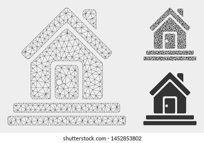Mesh house front door model with triangle mosaic icon. Wire frame triangular mesh of house front door. Vector composition of triangle elements in different sizes, and color tints.