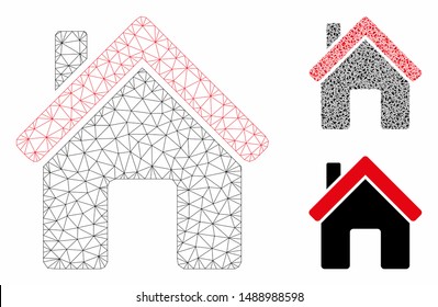 Mesh house model with triangle mosaic icon. Wire frame triangular mesh of house. Vector collage of triangles in different sizes, and color tones. Abstract flat mesh house, designed with triangles.