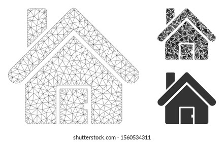 Mesh house model with triangle mosaic icon. Wire frame polygonal mesh of house. Vector collage of triangle parts in various sizes, and color hues. Abstract flat mesh house,