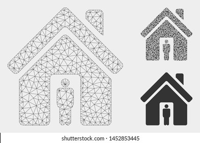 Mesh house owner model with triangle mosaic icon. Wire carcass polygonal mesh of house owner. Vector mosaic of triangle parts in different sizes, and color tinges. Abstract 2d mesh house owner,
