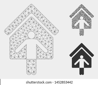 Mesh house owner wellcome model with triangle mosaic icon. Wire carcass polygonal mesh of house owner wellcome. Vector mosaic of triangles in various sizes, and color tinges.