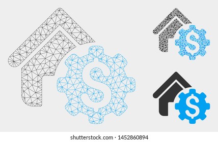 Mesh house rent options model with triangle mosaic icon. Wire carcass polygonal mesh of house rent options. Vector collage of triangle parts in various sizes, and color tints.