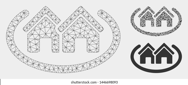 Mesh houses area model with triangle mosaic icon. Wire frame triangular network of houses area. Vector composition of triangle parts in variable sizes, and color shades.
