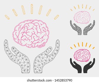 Mesh human brain knowledge model with triangle mosaic icon. Wire carcass triangular network of human brain knowledge. Vector mosaic of triangle parts in variable sizes, and color tones.