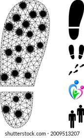 Mesh human foot print polygonal icon vector illustration, with black infection elements. Carcass model is created from human foot print flat icon, with infection elements and polygonal net.