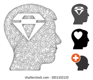 Mesh human head with diamond polygonal web icon vector illustration. Carcass model is created from human head with diamond flat icon.