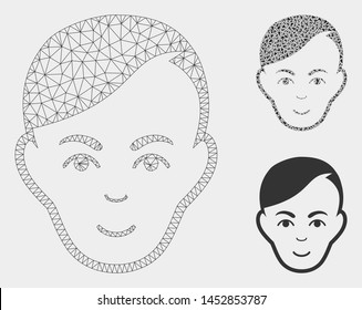 Mesh human head model with triangle mosaic icon. Wire carcass polygonal network of human head. Vector mosaic of triangle elements in variable sizes, and color shades. Abstract 2d mesh human head,