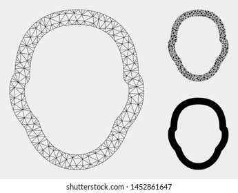 Mesh human head model with triangle mosaic icon. Wire frame triangular network of human head. Vector mosaic of triangle parts in various sizes, and color tints. Abstract flat mesh human head,