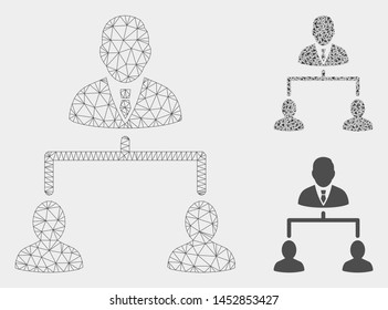 Mesh human hierarchy model with triangle mosaic icon. Wire carcass polygonal mesh of human hierarchy. Vector composition of triangle elements in variable sizes, and color tinges.