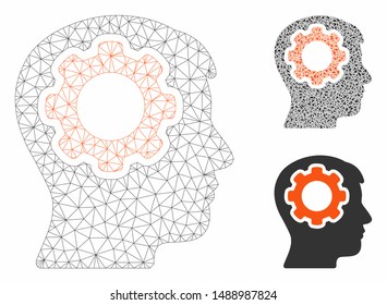 Mesh human mind gear model with triangle mosaic icon. Wire frame triangular mesh of human mind gear. Vector collage of triangle elements in variable sizes, and color tinges.