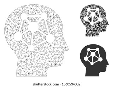 Mesh human neural network model with triangle mosaic icon. Wire frame polygonal network of human neural network. Vector mosaic of triangle parts in variable sizes, and color hues.