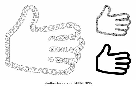 Mesh human palm model with triangle mosaic icon. Wire carcass triangular mesh of human palm. Vector mosaic of triangle parts in variable sizes, and color tinges. Abstract flat mesh human palm,