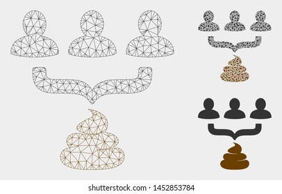 Mesh human shit aggregator funnel model with triangle mosaic icon. Wire frame polygonal mesh of human shit aggregator funnel. Vector composition of triangle parts in various sizes, and color tones.
