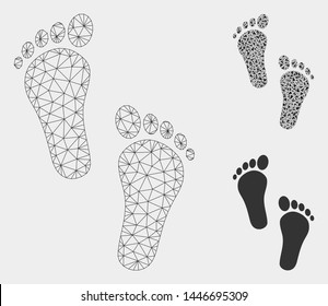 Mesh human steps model with triangle mosaic icon. Wire frame polygonal mesh of human steps. Vector composition of triangle parts in various sizes, and color tinges. Abstract flat mesh human steps,