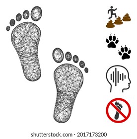 Mesh human steps web 2d vector illustration. Carcass model is based on human steps flat icon. Mesh forms abstract human steps flat carcass. Wire frame flat web network isolated on a white background.