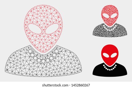 Mesh humanoid model with triangle mosaic icon. Wire frame triangular mesh of humanoid. Vector composition of triangle parts in variable sizes, and color tones. Abstract flat mesh humanoid,