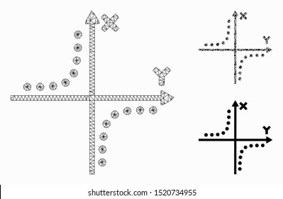 Mesh hyperbola plot model with triangle mosaic icon. Wire carcass polygonal mesh of hyperbola plot. Vector mosaic of triangle elements in different sizes, and color tones.