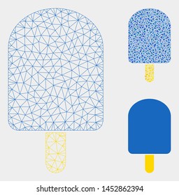 Mesh ice cream model with triangle mosaic icon. Wire carcass triangular mesh of ice cream. Vector mosaic of triangle parts in different sizes, and color hues. Abstract 2d mesh ice cream,