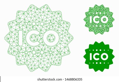 Mesh ICO token model with triangle mosaic icon. Wire carcass triangular mesh of ICO token. Vector mosaic of triangle elements in different sizes, and color shades. Abstract 2d mesh ICO token,