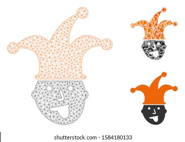 Mesh idiot head model with triangle mosaic icon. Wire frame triangular mesh of idiot head. Vector collage of triangle elements in various sizes, and color tinges. Abstract flat mesh idiot head,