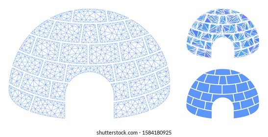 Mesh igloo model with triangle mosaic icon. Wire carcass triangular mesh of igloo. Vector mosaic of triangle elements in variable sizes, and color tones. Abstract flat mesh igloo,