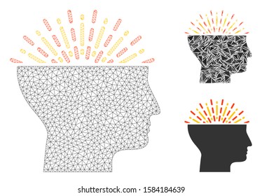 Mesh imagination model with triangle mosaic icon. Wire frame polygonal mesh of imagination. Vector mosaic of triangle elements in different sizes, and color hues. Abstract flat mesh imagination,
