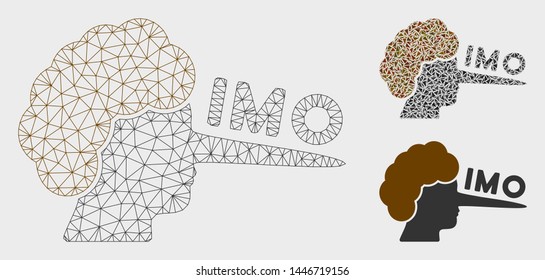 Mesh IMO lier model with triangle mosaic icon. Wire carcass polygonal mesh of IMO lier. Vector mosaic of triangle parts in various sizes, and color tints. Abstract 2d mesh IMO lier,