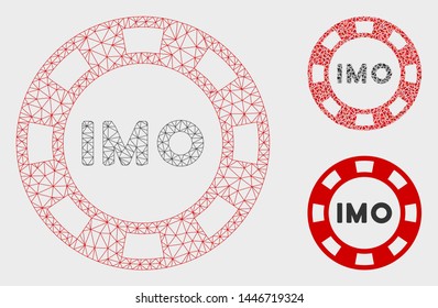 Mesh IMO token model with triangle mosaic icon. Wire frame polygonal mesh of IMO token. Vector mosaic of triangle elements in variable sizes, and color hues. Abstract flat mesh IMO token,