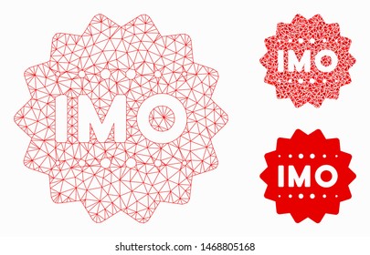 Mesh IMO token model with triangle mosaic icon. Wire carcass polygonal mesh of IMO token. Vector mosaic of triangle elements in various sizes, and color tinges. Abstract 2d mesh IMO token,