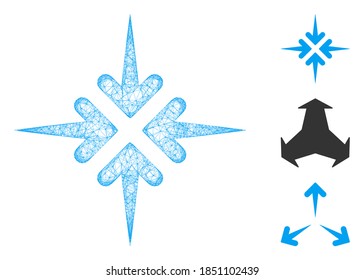 Mesh impact arrows polygonal web 2d vector illustration. Carcass model is based on impact arrows flat icon. Triangle mesh forms abstract impact arrows flat carcass.