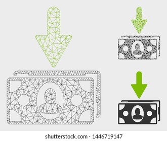 Mesh income banknotes model with triangle mosaic icon. Wire carcass triangular mesh of income banknotes. Vector collage of triangle parts in different sizes, and color tinges.