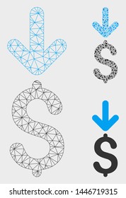Mesh income dollar model with triangle mosaic icon. Wire carcass triangular mesh of income dollar. Vector collage of triangle parts in various sizes, and color hues. Abstract flat mesh income dollar,