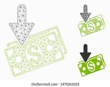 Mesh income model with triangle mosaic icon. Wire carcass triangular network of income. Vector mosaic of triangle elements in different sizes, and color tinges. Abstract flat mesh income,
