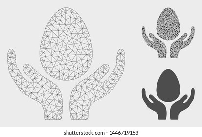 Mesh incubator care hands model with triangle mosaic icon. Wire carcass triangular mesh of incubator care hands. Vector mosaic of triangle elements in variable sizes, and color tints.
