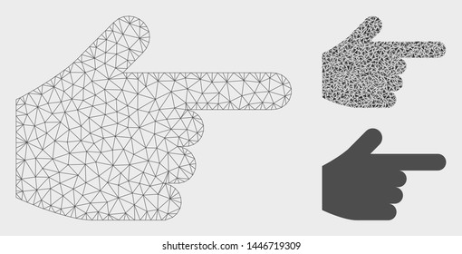 Mesh index finger model with triangle mosaic icon. Wire frame triangular mesh of index finger. Vector mosaic of triangle elements in variable sizes, and color tints. Abstract flat mesh index finger,