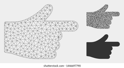 Mesh index hand model with triangle mosaic icon. Wire frame polygonal mesh of index hand. Vector mosaic of triangle elements in variable sizes, and color tints. Abstract flat mesh index hand,