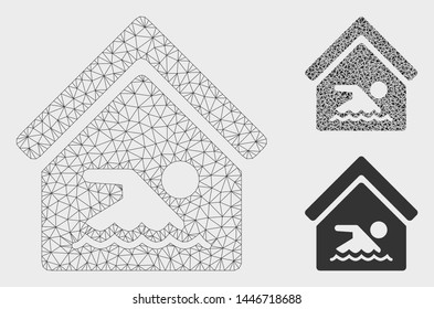 Mesh indoor water pool model with triangle mosaic icon. Wire frame triangular mesh of indoor water pool. Vector composition of triangle parts in various sizes, and color tinges.