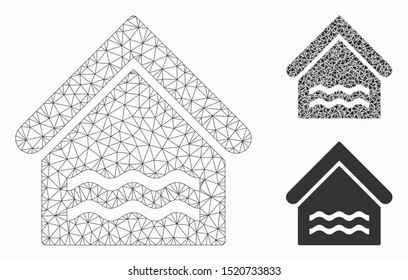 Mesh indoor water pool model with triangle mosaic icon. Wire carcass polygonal mesh of indoor water pool. Vector mosaic of triangle parts in different sizes, and color tints.