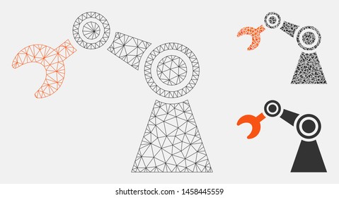 Mesh industrial manipulator model with triangle mosaic icon. Wire carcass polygonal mesh of industrial manipulator. Vector collage of triangle elements in different sizes, and color hues.