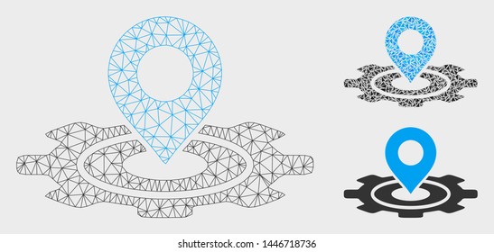 Mesh industrial map marker model with triangle mosaic icon. Wire carcass polygonal mesh of industrial map marker. Vector composition of triangle parts in different sizes, and color tints.