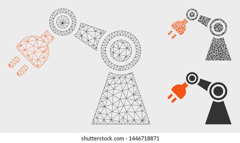 Mesh industrial robot model with triangle mosaic icon. Wire carcass polygonal mesh of industrial robot. Vector mosaic of triangle parts in variable sizes, and color shades.
