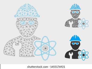 Mesh industrial scientist model with triangle mosaic icon. Wire frame triangular mesh of industrial scientist. Vector mosaic of triangle parts in variable sizes, and color shades.