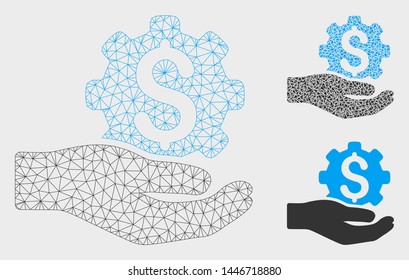 Mesh industrial service model with triangle mosaic icon. Wire carcass triangular mesh of industrial service. Vector mosaic of triangle elements in various sizes, and color shades.