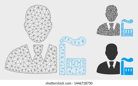 Mesh industry capitalist model with triangle mosaic icon. Wire frame triangular mesh of industry capitalist. Vector collage of triangle parts in variable sizes, and color tints.