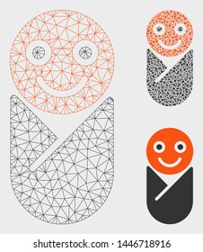 Mesh infant model with triangle mosaic icon. Wire carcass triangular mesh of infant. Vector mosaic of triangle elements in various sizes, and color hues. Abstract 2d mesh infant,