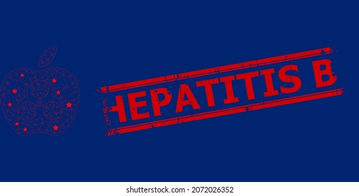 Ilustración vectorial de ícono poligonal de manzana infectada por malla y sello sucio HEPATITIS B rojo. El modelo se crea a partir del icono de manzana plana infectada, con estrellas y red triangular.