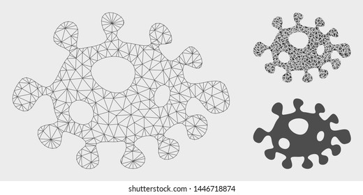 Mesh infection cell model with triangle mosaic icon. Wire carcass triangular mesh of infection cell. Vector mosaic of triangle elements in variable sizes, and color hues.