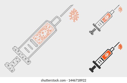Mesh infection injection model with triangle mosaic icon. Wire carcass polygonal mesh of infection injection. Vector mosaic of triangle parts in various sizes, and color shades.