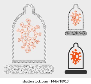 Mesh infection protection model with triangle mosaic icon. Wire carcass triangular mesh of infection protection. Vector mosaic of triangle elements in variable sizes, and color tints.